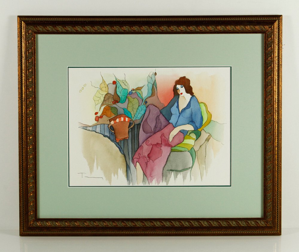 Tarkay, "Broken Logic," W/C and Serigraph: Itzchak Tarkay (Hungarian, 1935 - 2012), "Broken Logic #34," watercolor over serigraph, signed "Tarkay" lower left, double matted and framed, 10" h x 14" w (view), 19 1/4" h x 23" w (frame). Provenanc