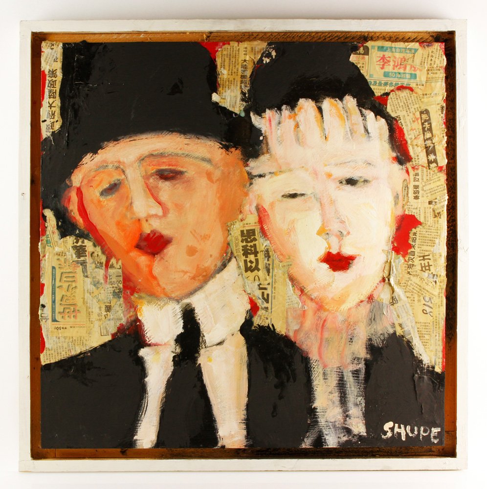 Shupe, Korean couple: Dan Shupe, Korean couple, mixed media acrylic paper on artist panel, signed lower right corner, undated, 23"h x 24"w (view), 27"h x 27"w (frame).