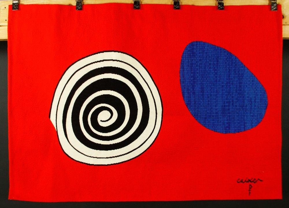 Calder, "The Bicentennial Tapestries: La Tache Bleue,": Alexander Calder (American, 1898-1976), "The Bicentennial Tapestries: La Tache Bleue," tapestry, signed and dated 1975, editioned 36/200, 40 1/2" h x 59" w. Provenance: From a Florida estate.