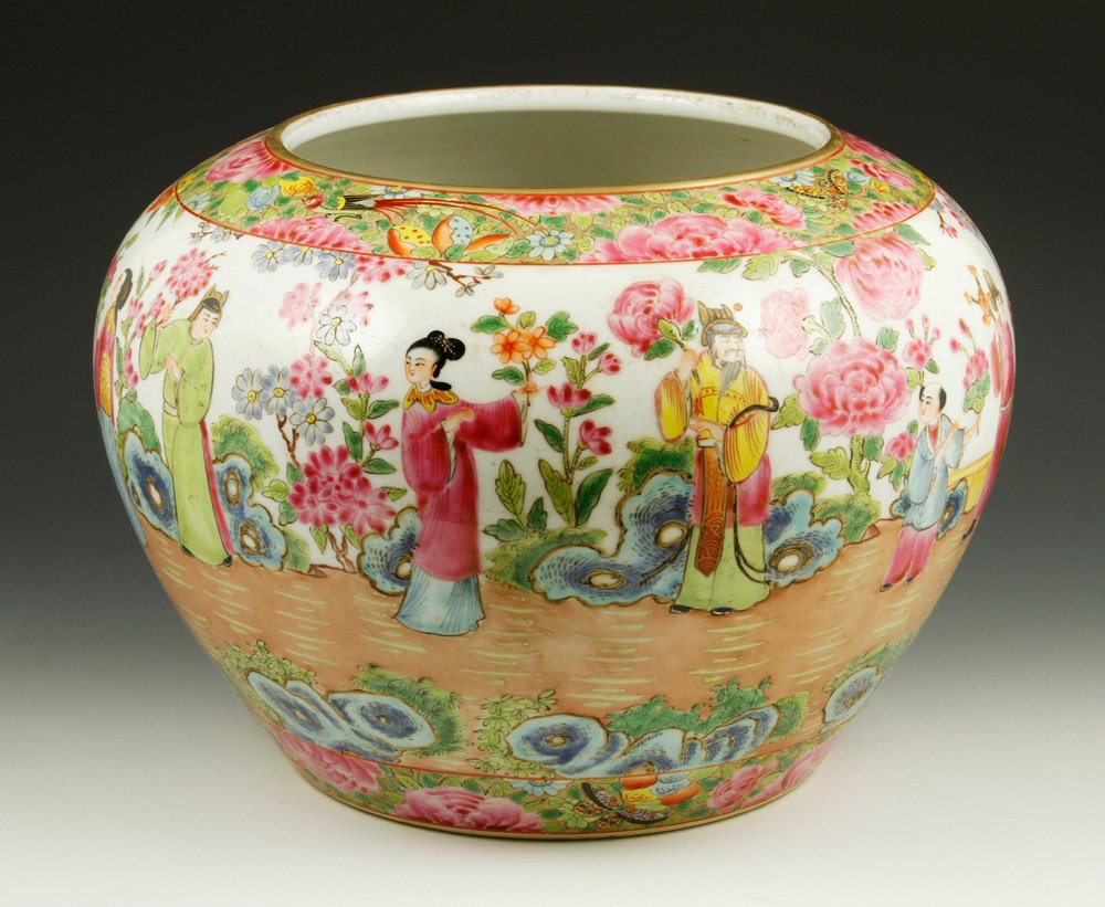 Rose Medallion Porcelain Brush Washer: Rose medallion porcelain brush washer, China, 19th century, decorated with figures in a garden, 9 1/2" h x 12 dia.