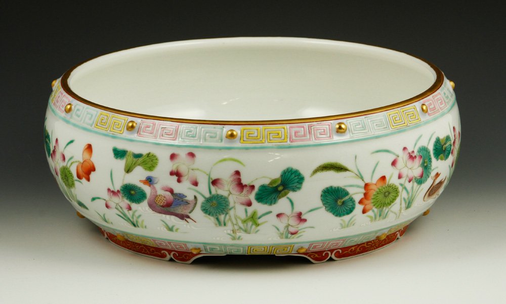Famille Rose Porcelain Brush Washer: Famille rose porcelain brush washer, China, decorated with lotus flowers and ducks, 12" h x 4" dia.