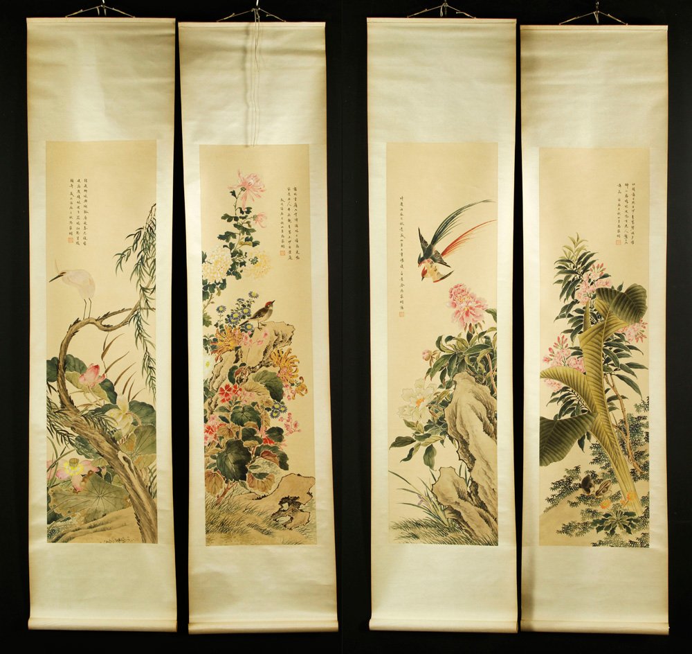 Four Chinese Scroll Watercolor Paintings: Four scroll watercolor paintings, China, all of various types of birds and flowers, signed Mao Jiatong, 47 1/2"h x 13 1/2"w.