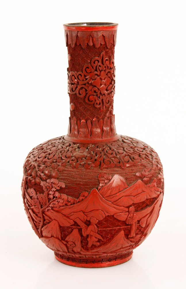 Chinese Republic Period Red Lacquer Vase: Carved red lacquer vase, China, Republic Period, body depicting figures in mountainous landscape, 9 3/4"h. Provenance: Dr. Norman T. Kirk, Chief of Surgical Service from Jan. 1929 - Mar. 1931 at Stern