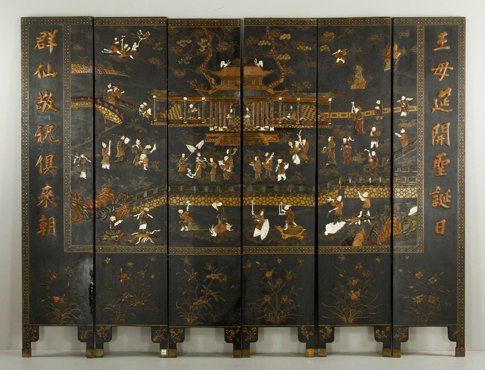Chinese 19th C. Folding Panel Screen: Six panel folding screen, China, 19th century, with stone, bone, and mother of pearl inlay, 72"h x 96"w.