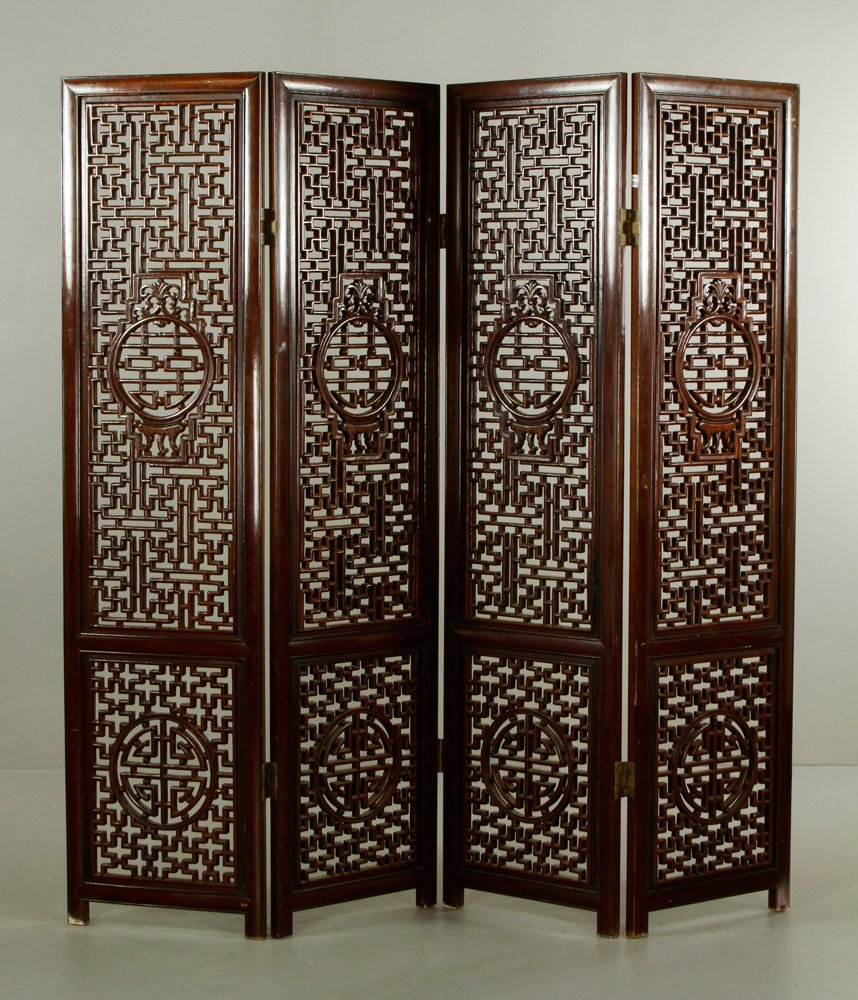 Chinese Rosewood Screen: Rosewood four panel screen, China, finely pierced, 72 1/2"h x 72"w.