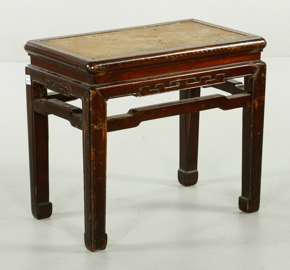 Chinese Wood Table: Wood table, China, with woven top, 20 1/4" h x 25 1/2" w x 13 3/4" d.