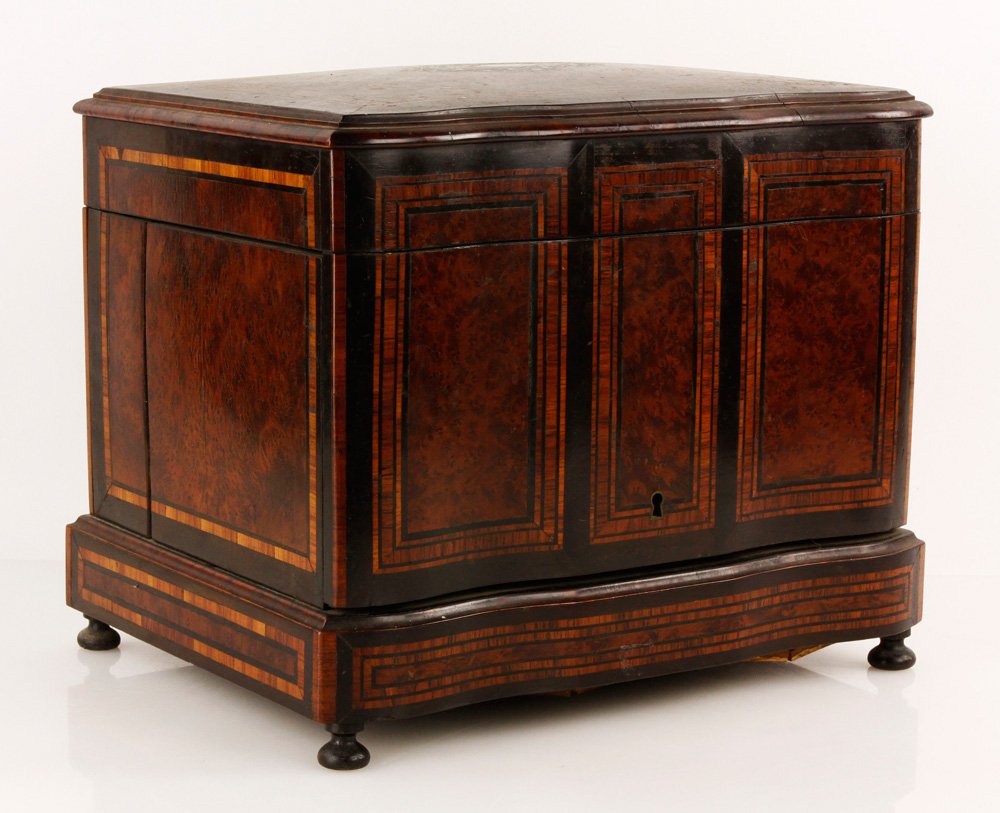 19th C. French Tantalus: 19th century French tantalus, inlaid and burled wood veneer case opening to reveal four decanters and eleven cordial glasses, all engraved and possibly Baccarat, 11 1/4" h x 13 1/2" w x 10" d (case). 