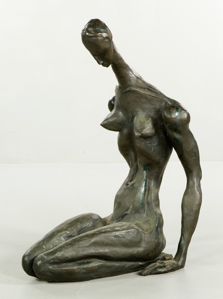 Attr. Corbin, Female Figure, Bronze: Attributed to Tom Corbin (American, b. 1954), kneeling female figure, bronze with brown patina, unsigned, 32" h x 14" w x 22" d. Provenance: PA estate.