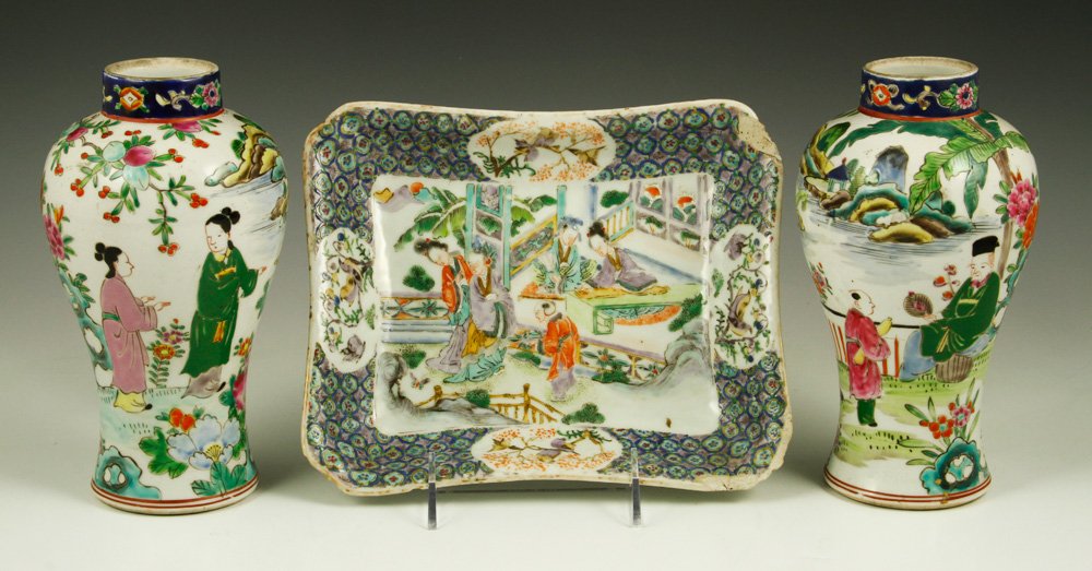 Lot of Asian Porcelain: Lot of three pieces of Asian porcelain including Famille Verte Chinese export decorated rectangular serving dish with lattice work border, c. 1840, and pair of Japanese Famille Rose garniture vases wi