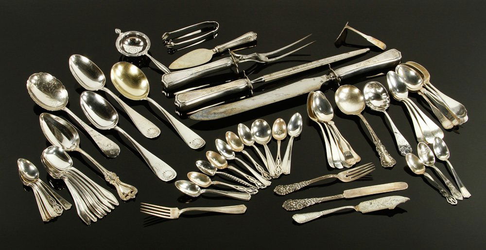 Lot of Sterling Flatware: Lot of sixty pieces of sterling silver flatware, including a three piece carving set with sterling handles, makers include Whiting, Frank Smith, Towle, approximately 41 troy oz. TW (allowing .5 oz. fo