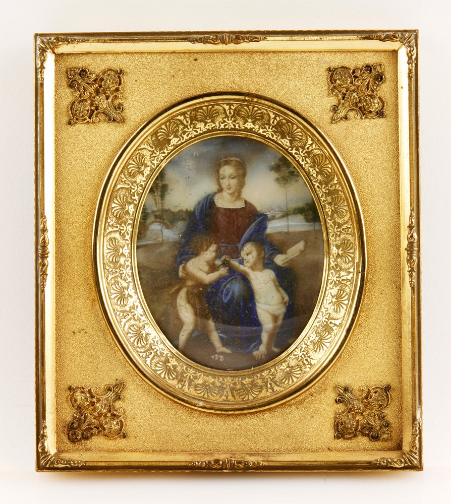 Miniature after Raphael, "Madonna of the Goldfinch": After Raphael, "Madonna of the Goldfinch," miniature painting in ornate frame, 6 3/4" h x 5 7/8" w. Provenance: IL estate.