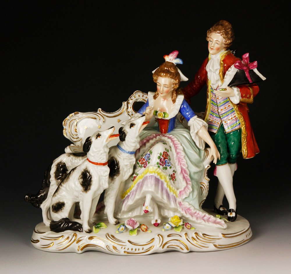 19th/20th C. Capo Di Monte Figurine: Late 19th or early 20th century Capo Di Monte figurine, porcelain, 9" h x 9" w. Provenance: MA estate.