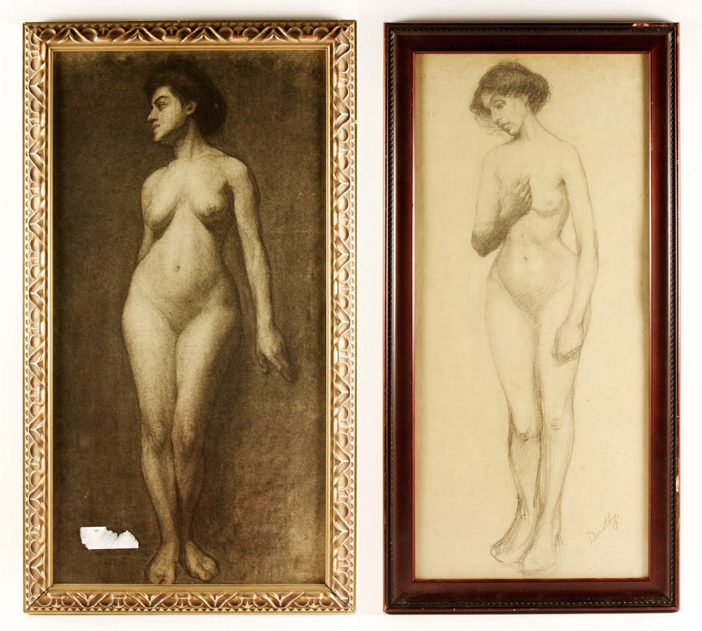 Lot of 2 Drawings of Nudes: Lot of two drawings of nudes, pencil/charcoal, one signed " dorothy", larger 24" h x 12" w (view), 27" h x 15" w (frame). Provenance: CA estate.