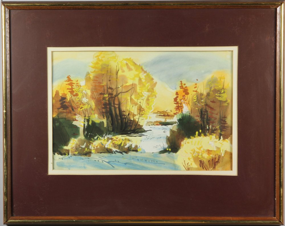 Ochi, "Wood River at Sun Valley", W/C: Fred Ochi, "Wood River at Sun Valley", watercolor, unsigned, 12 1/2" x 18 3/4" (sight), 23 1/2" x 29 1/2" (frame). Undamaged.