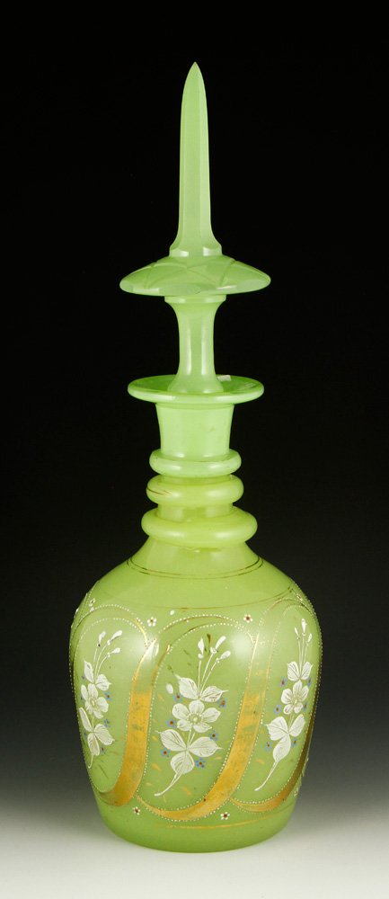 19th C. Bohemian Glass Decanter: 19th century Bohemian glass decanter, green opaline glass, with gilt and enamel decoration, made for the Islamic market, 19" h. Provenance: The forty year collection of an important lady.