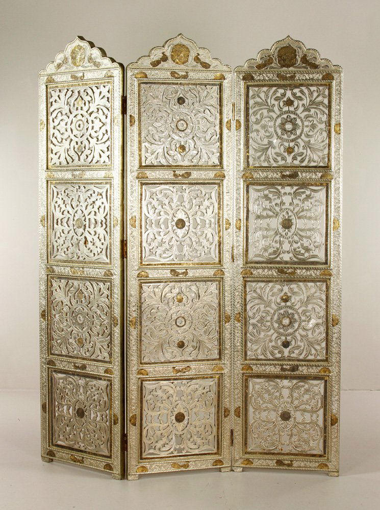 3 Part Iranian Folding Screen: Three part Iranian folding screen, pierced and carved wood embossed with mixed metals, 70" h x 52" w. Provenance: Property of the last Prime Minister of Iran under the Shah, thence to a Saudi Prince w