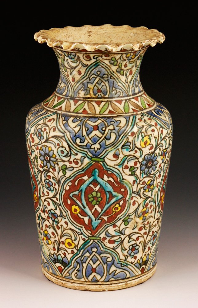 Antique Turkish Vase: Antique Turkish vase, ceramic, with scalloped edge, 10" h x 6" dia. Provenance: From a California collection.