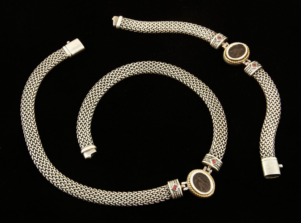 Necklace and Bracelet Set: Necklace and bracelet set, with intaglio, marked 925 and 18k and "Flli Menegatti" Italy, bracelet 7 1/2" l, necklace 16 1/4" l, approximately 3.3 troy oz. TW. Provenance: From a Martha's Vineyard Esta