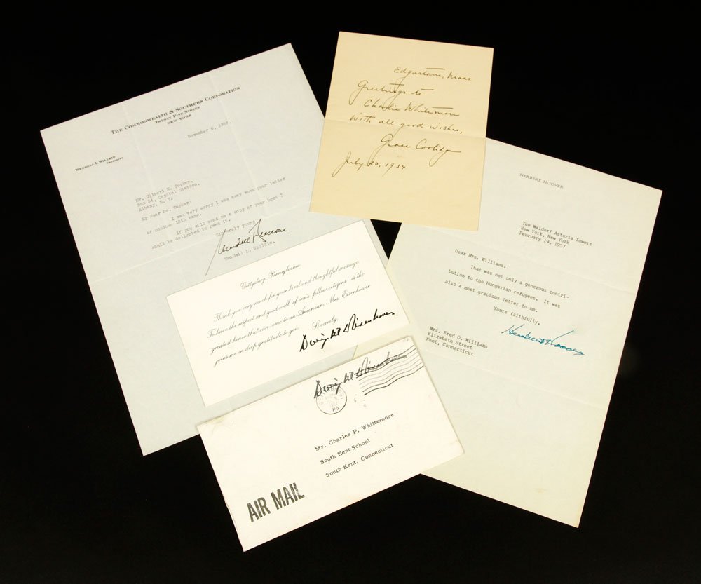 Lot of 4 Letters and Signatures: Lot of four items, to include: Herbert Hoover, Dwight Eisenhower, Wendell Wikie, Grace Coolidge. Provenance: MA estate.