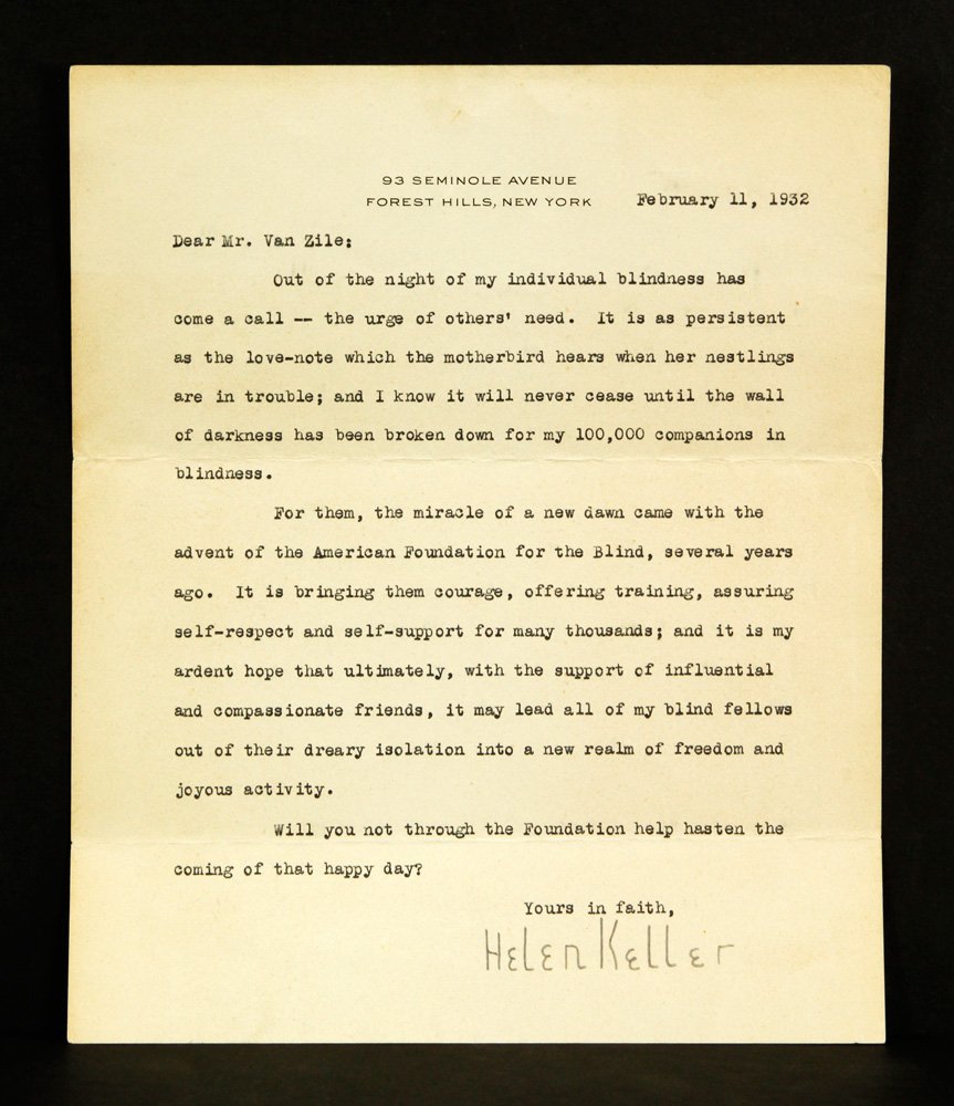 Helen Keller Letter: Helen Keller letter, dated February 11, 1932, 7" h x 8" w. Provenance: MA estate.