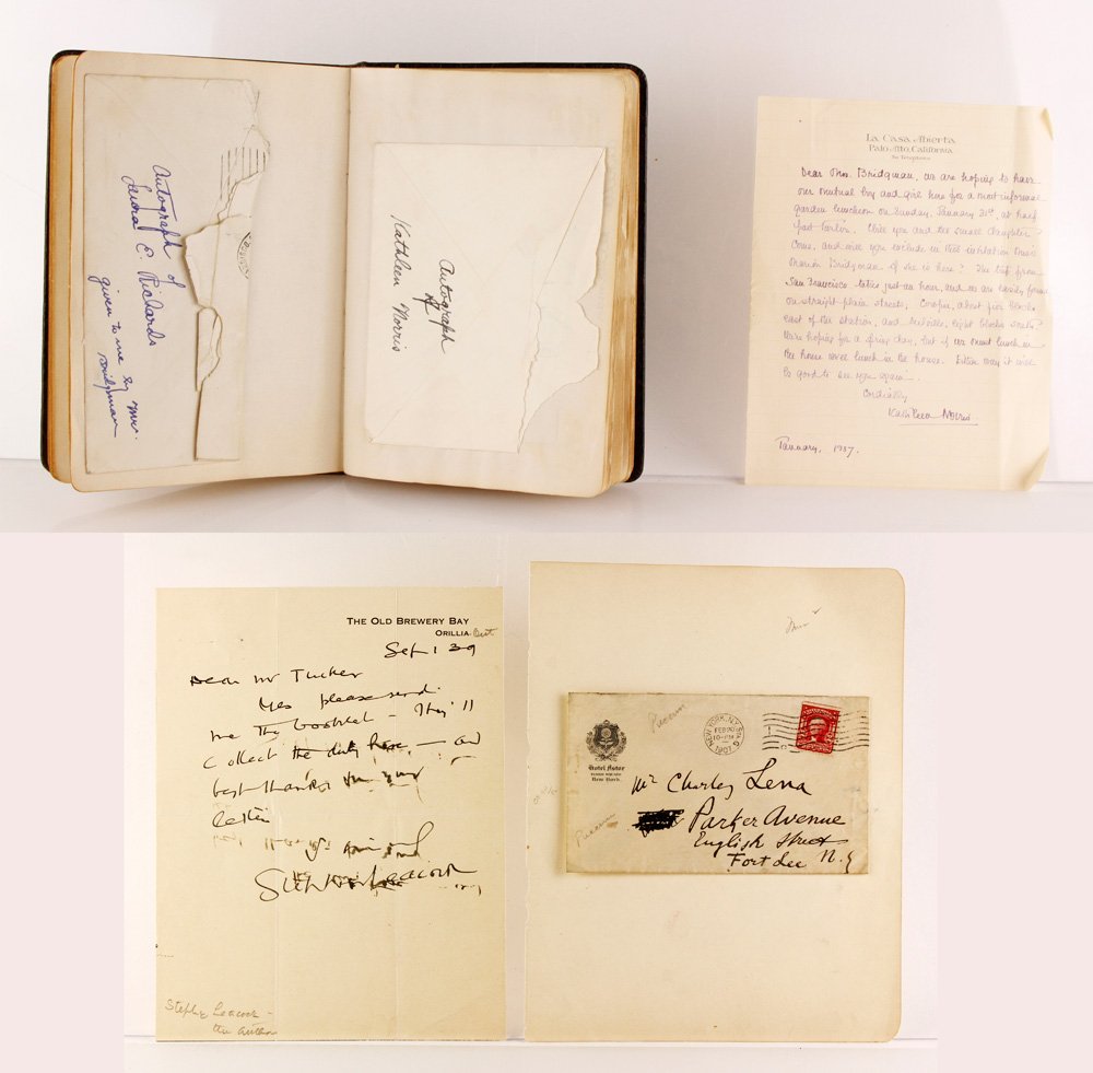 Autograph Book with 2 Letters: Autograph book with multiple signatures including Albie Booth, Ripley, minor political figures, and Jack Dempsey, with two letters by Steffie Peacock and Puccini, 5" h x 7" (pasted book). Provenance: