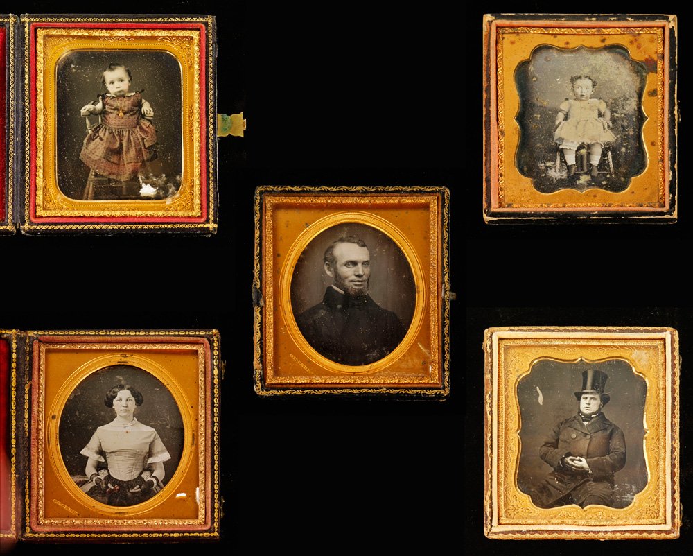Lot of 1/6 Plate Daguerreotypes: Lot of 1/6 plates daguerreotypes, to include: two of children seated in high chairs, one gentleman with black stove pipe hat and one glove; one of young girl in her twenties in a leather case, signed 