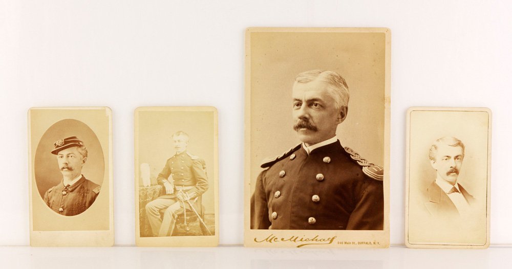 Lot of 3 Cartes des Visites and 1 Cabinet Card: Lot of three cartes des visites and one cabinet card, with a guard and pickets pass dated March 12, 1863 for defenses south of the Potomac, along with personal information of the family military histo