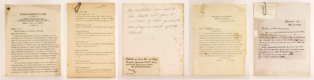 Lot of 5 Oliver Wendell Holmes Items: Lot of five Oliver Wendell Holmes items, to include: twenty three pages of Holmes' medical achievements delivered as an address to the Medical Society of New York and handwritten document from 1932. P