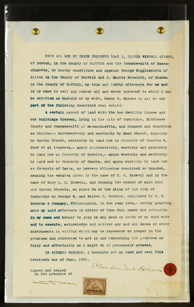 Oliver Wendell Holmes Power of Attorney Document: Oliver Wendell Holmes, power of attorney document, dated June 20, 1901, unframed, 8" h x 13" w. Provenance: MA estate.