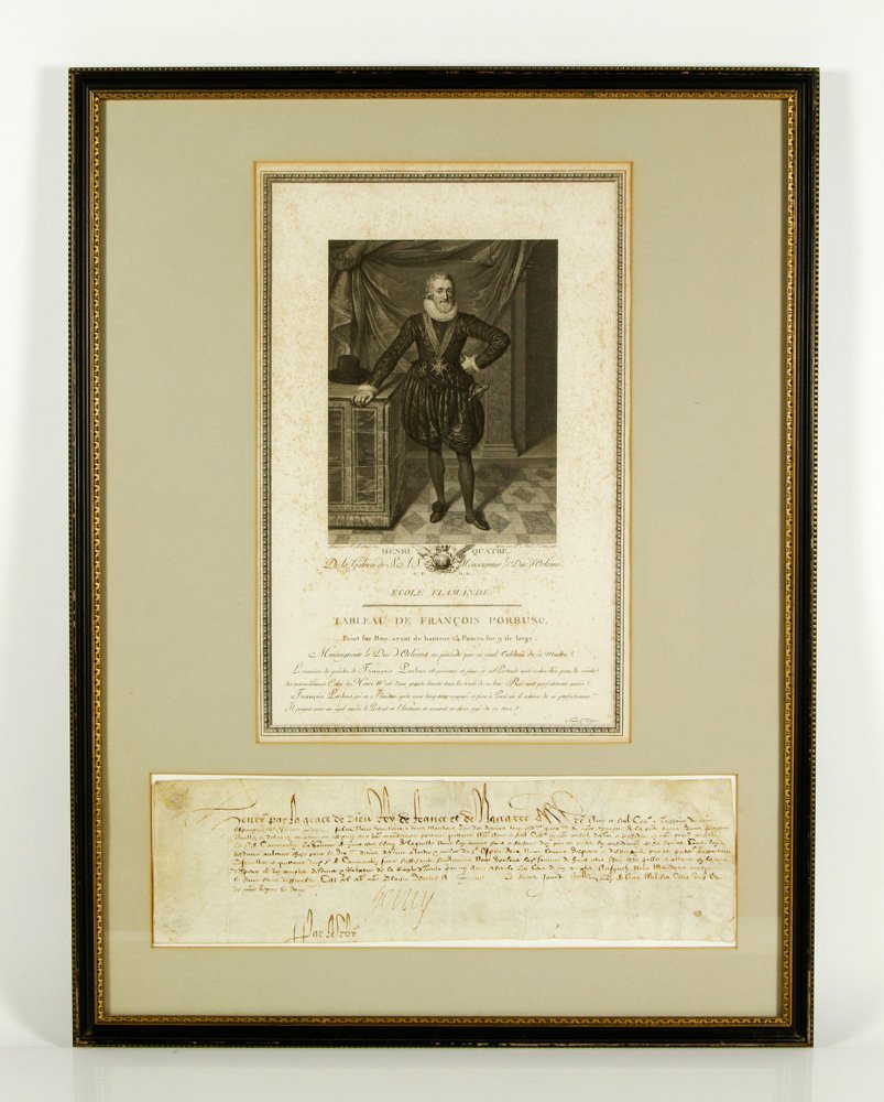 Document Signed by Henry IV: Document, signed by Henry IV, King of France, dated July 16, 1601, order for payment from treasury, 19" h x 25" w (frame). Provenance: MA estate.