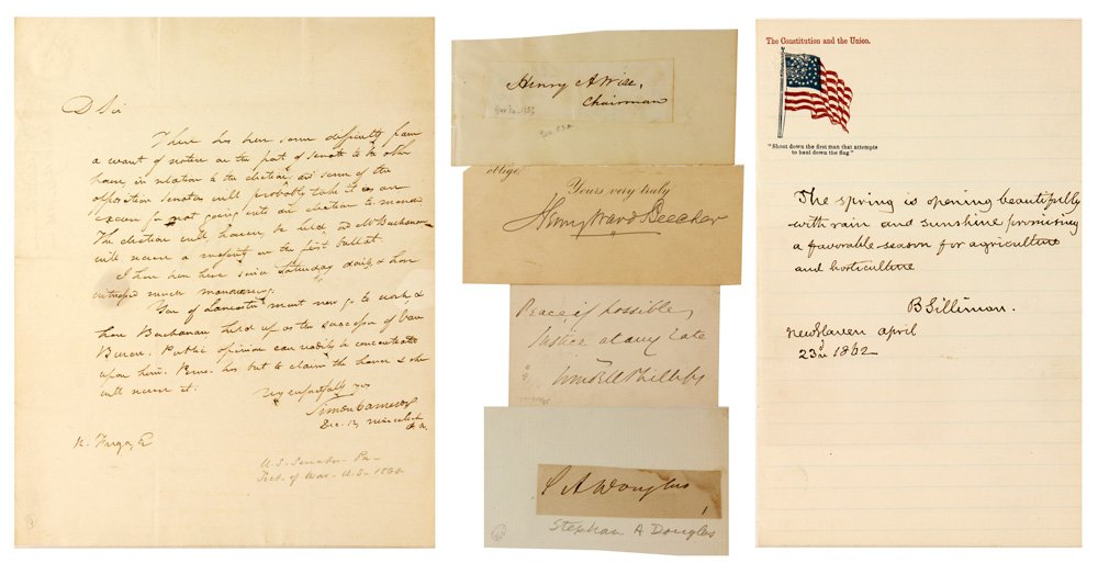 Lot of 6 19th C. Signatures: Lot of six 19th century signatures to include: Stephen Douglas; Henry Ward Beecher, Simon Cameron; Benjamin Silliman. Provenance: MA estate.