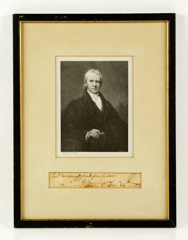 John James Marshall Signature: John James Marshall, 4th Chief Justice of Supreme Court, signature, dated Dec. 24, 1789, framed with portrait, 10" h x 13" w (frame). Provenance: MA estate.