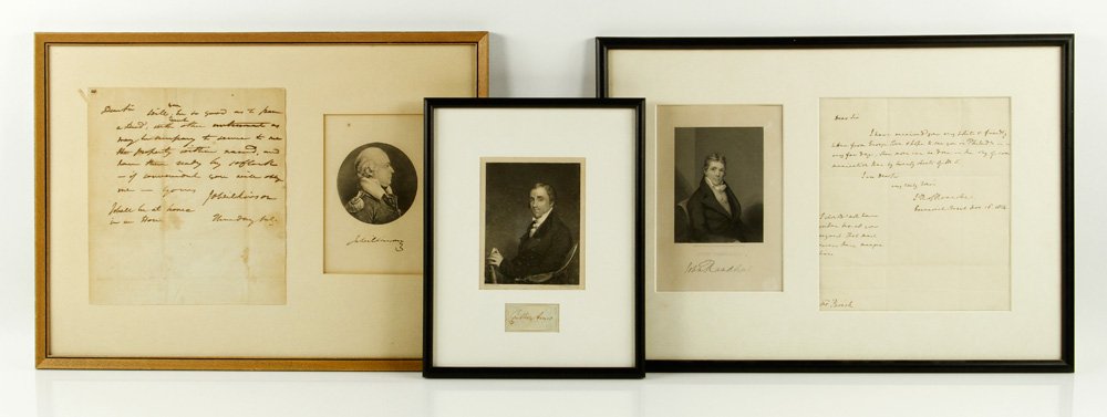Lot of 3 Framed Autographs with Engravings: Lot of three framed autographs including John Randolph, James Wilkinson and Gilbert Ames, with engravings. Provenance: MA estate.