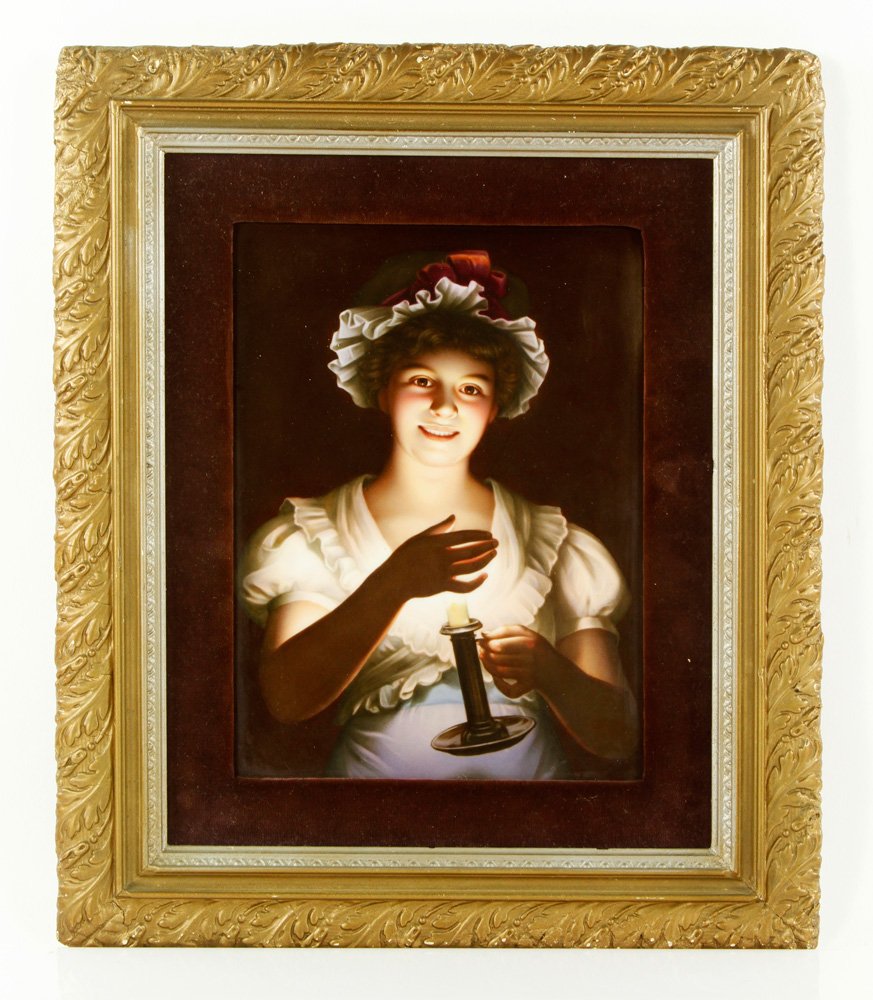 KPM "Lisette" Plaque: KPM "Lisette" plaque, with CH H. Schut Interlaken tag verso, 10" h x 7 1/2" w (view), 15" h x 12 1/2" w (frame). Provenance: MA estate.