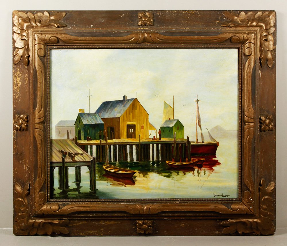 Hare, Harbor Scene, O/C: John Cuthbert Hare (1908-1978), harbor scene, oil on canvas, signed lower right, with partial Christie's label verso, 24" h x 30" w (view), 30" h x 42" w (frame). Provenance: NH estate.