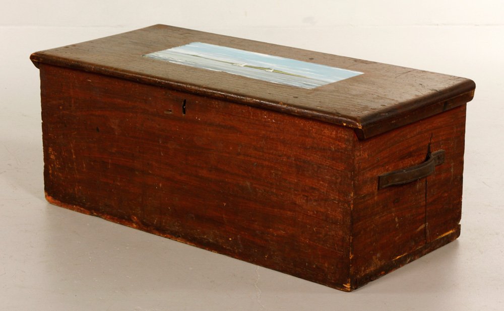 Sea Chest with Painting of Twin Lights: Sea chest with dovetail joints and painting of Twin Lights, Rockport, MA, painted by Racket Shreve, 15" h x 37 1/4" w x 17 1/2" d. Provenance: MA estate.