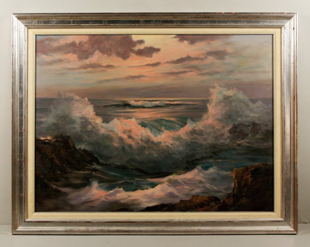 Hasselbar, Shore Scene at Sunset, O/C: M. Hasselbar (American, 1900-1949), shore scene at sunset, oil on canvas, signed lower right, 30" h x 40" w (view), 36" h x 47" w (frame). Provenance: MA estate.