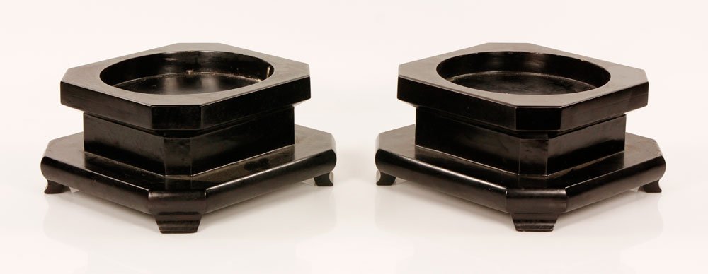 Pair of Chinese Lacquered Pedestals: Pair of Chinese black lacquered pedestals, 5" h x 10 1/4" w x 9 1/2" d. Provenance: CA estate.