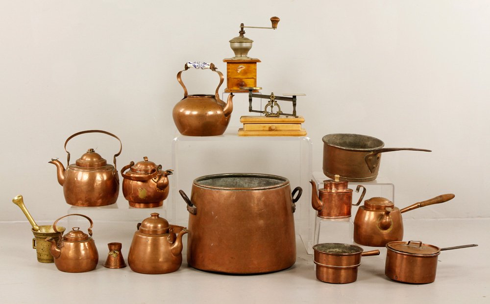 Lot of Antique Brass and Copper Items: Lot of antique brass and copper items, to include: teapots, mold mortar and pestle, coffee grinder and scale, etc., 10" h x 13" dia. (large pot). Provenance: NH estate.