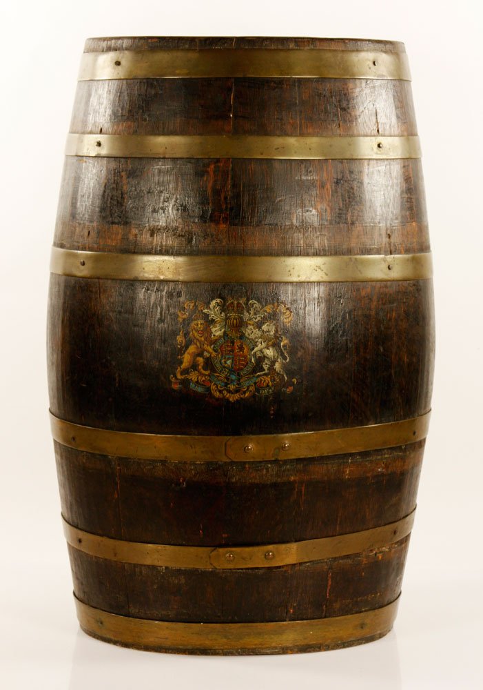 Oak Barrel: Oak barrel with armorial seal and brass staves. Provenance: MA Estate.