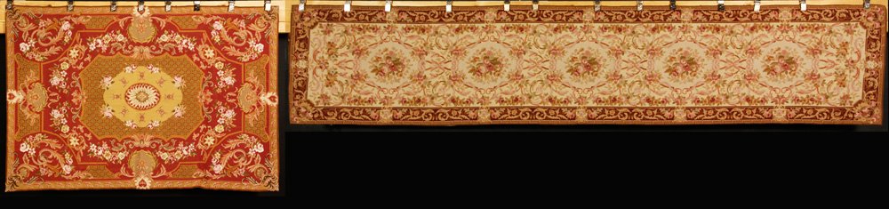 20th C. Aubusson Style Needlepoint Runner and Rug: 20th C. Aubusson style floral needlepoint runner with cream ground, and rug, pink and gold ground, 12' 3" l x 2' 6" w (runner), 5'9" h x 3' 10"w (rug). Provenance: MA estate.