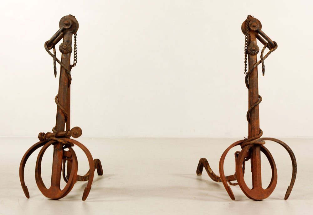 Pair of Large Andirons: Pair of large andirons, wrought iron, in the form of anchors with rope, with incised decoration, 32 1/2" h. Provenance: MA estate.