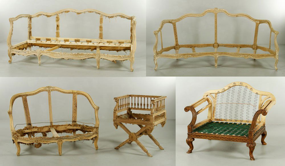 Lot of 5 Furniture Frames: Lot of five furniture frames, early 20th century, including two settees, and one chair.