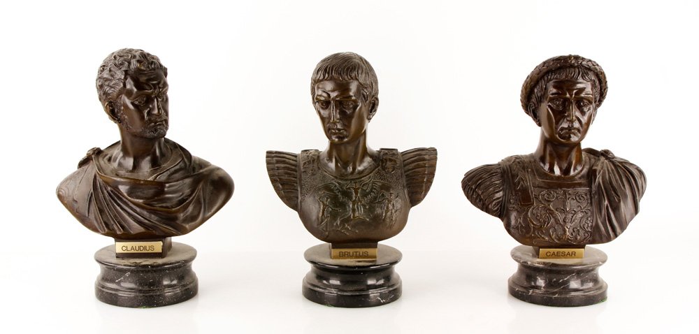 Three Busts of Roman Emperors, Bronzed Metal: Three busts of Roman emperors: Caesar, Brutus, and Claudius, bronzed metal, 11 1/2"h (tallest). Provenance: NH Estate.