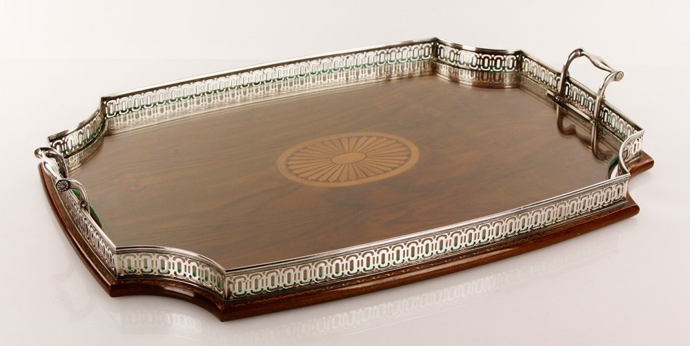 Tiffany Makers Sterling Butler's Tray: Tiffany and Company Makers butler's tray, sterling silver and inlaid mahogany, with glass insert, 25" w across handles x 16 3/4" l. Provenance: From a New York estate.