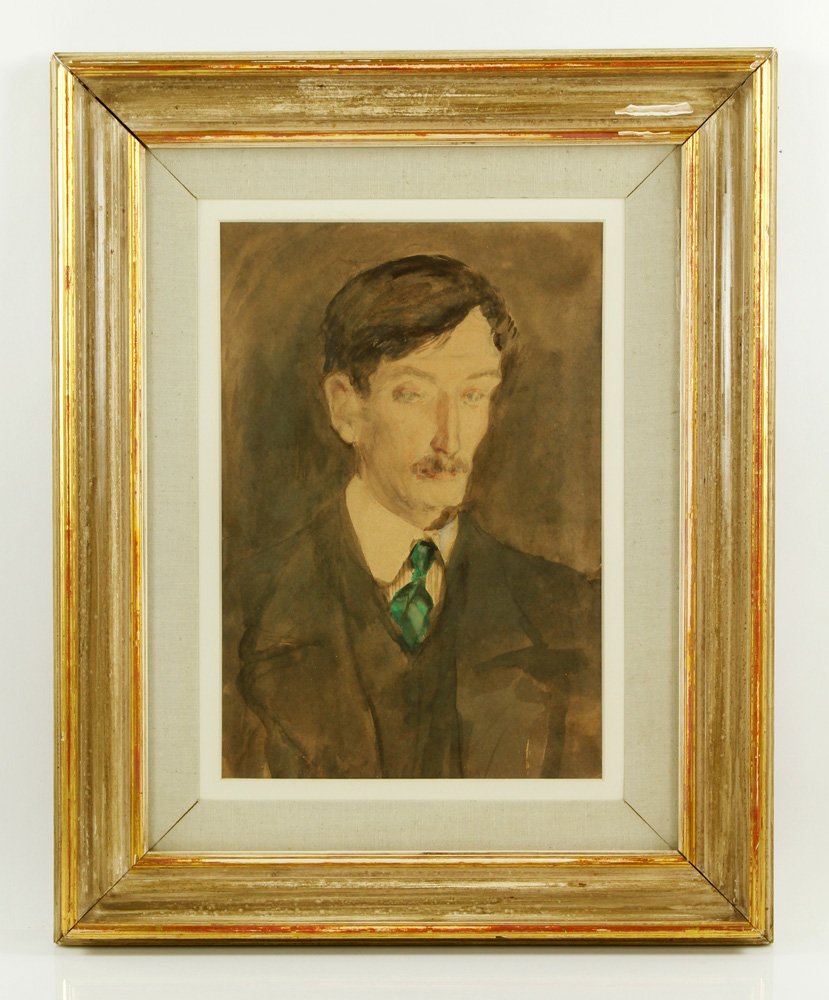 Attr. Yeats, "Portrait of John Masefield," W/C: Attributed to Jack B. Yeats, "Portrait of John Masefield," watercolor on paper, exhibition label verso from Corcoran Gallery, 1972, unsigned, 13"h x 9"w (view), 20 1/2"h x 16 1/2"w (frame). Provenance