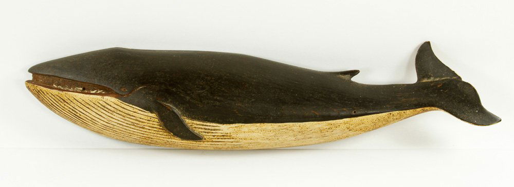 Voorhees, Carved Whale: Clark Voorhees (American, 1911-1980), carved whale, painted wood, stamped verso, 19"l. Provenance: From a Massachusetts estate.