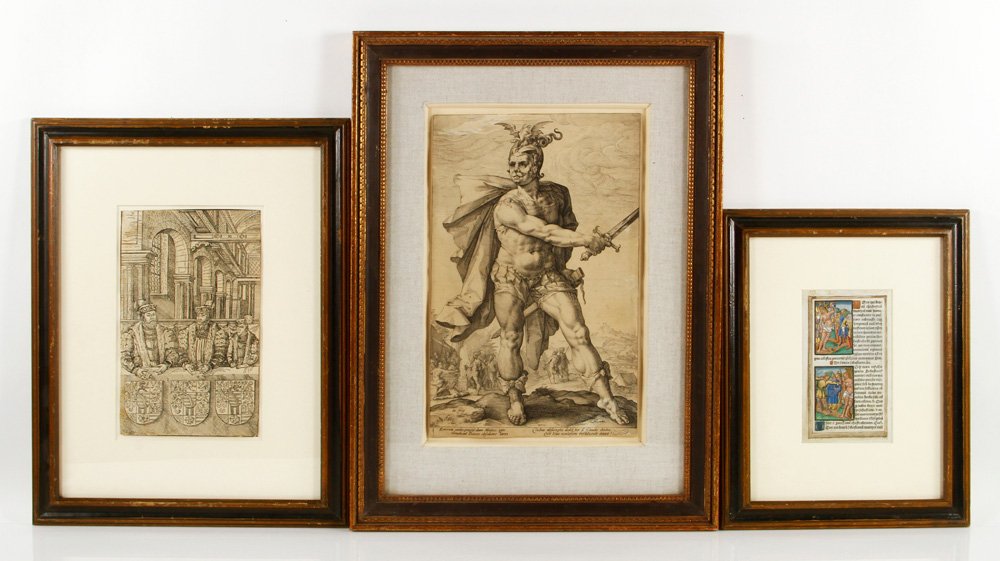 3 Works on Paper: Lot of three works on paper to include: Achenbach Foundation duplicate of Hendrik Goltzius, "Mucius Scaevola," engraving, marked with red stamp verso "Achenbach Foundation Duplicate," 14" h x 9" w (vi