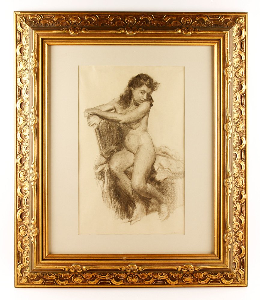 Parker, Nude Study, Drawing: Lawton Parker (American, 1868-1954), nude study, charcoal on paper, signed lower right, Baxter Gallery exhibition label verso, 15 3/4"h x 9 3/4"w (view), 26"h x 22"w (frame). Provenance: From a Califo