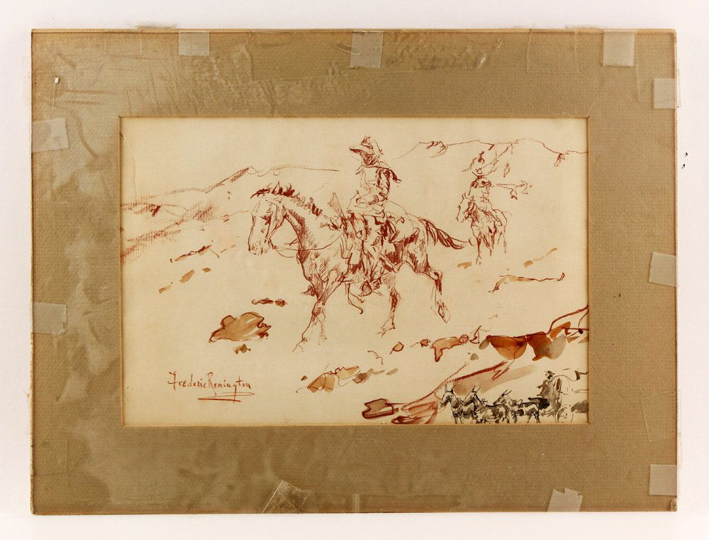 Remington, Cowboys on Horseback, Drawing: Frederic Remington (American 1861-1909), studies of cowboys on horseback, crayon, pen, ink and watercolor on paper, signed lower left, with glass frame, 11 1/2"h x 7 1/2"w (view), 12"h x 16"w (mat). P
